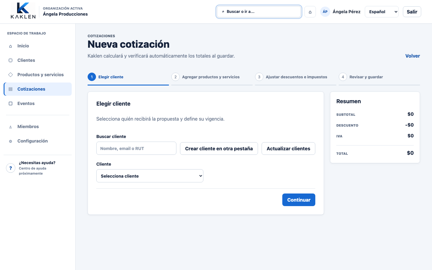 Cotización de Kaklen con líneas, costos y totales